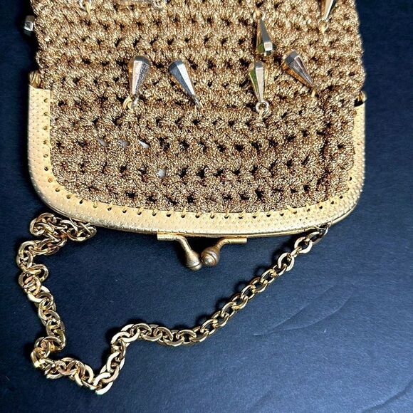 Vintage Gold Small Evening Bag Mesh Crochet with Beads made in Italy - Picture 6 of 11